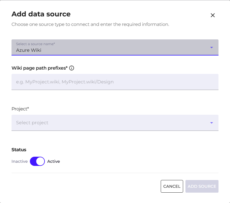 Add data sources window with the Azure Wiki type selected and the page path prefixes field