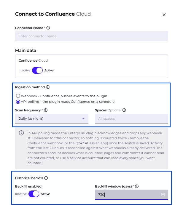 The Confluence Cloud connector form with API polling selected, the scan frequency and the Spaces field, and the Historical backfill block with a switch and a window in days