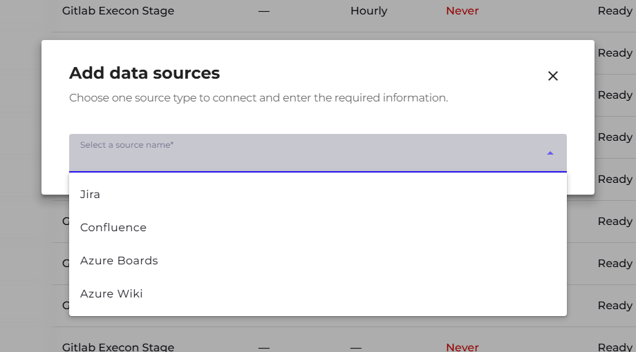 Add data sources window with the list of source types