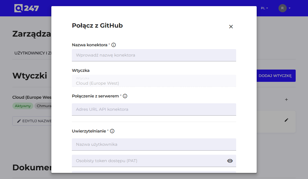 GitHub connector form