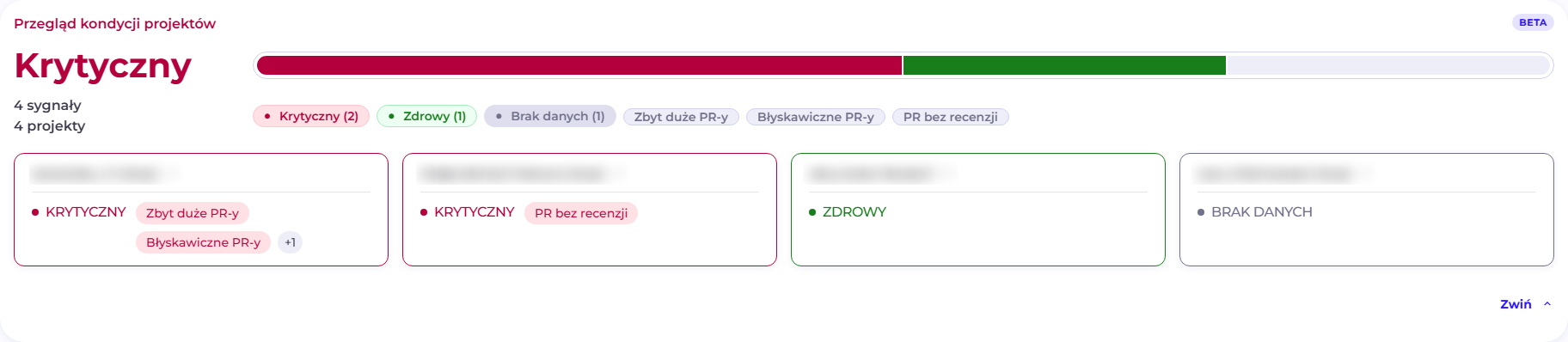 Project health summary on the Overview with organization status, status and metric filters, and project cards