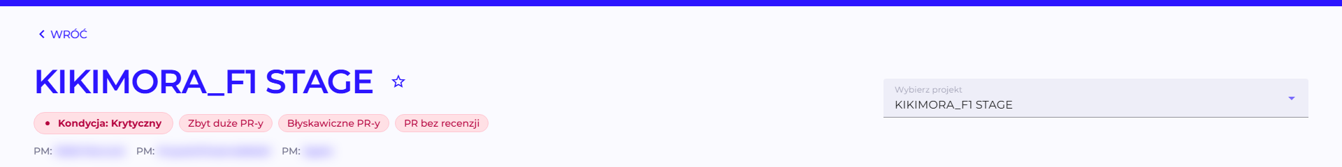 Project page header with a health pill and pills for metrics that need attention