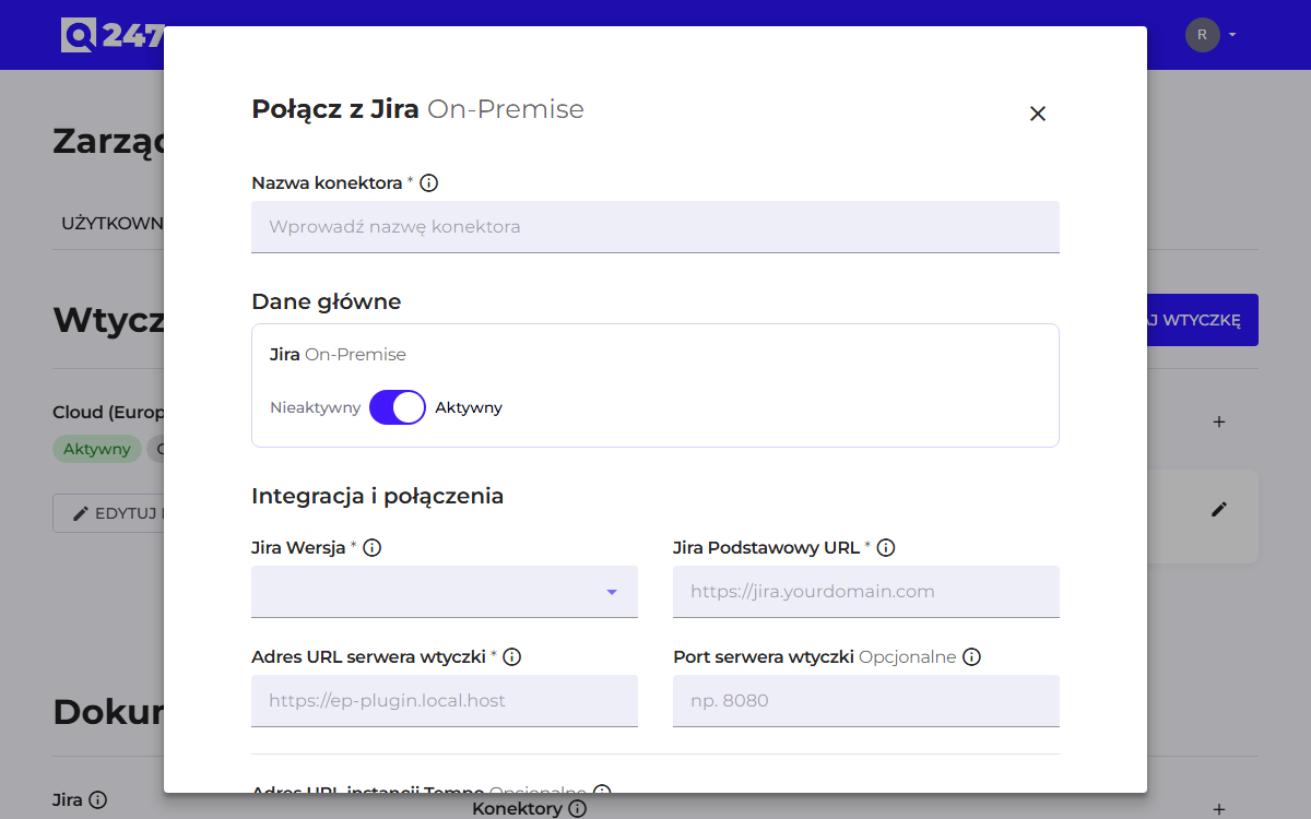 Jira On-Premise connector form