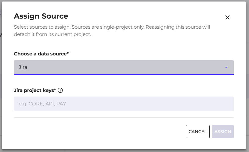 The Assign Source form with Jira selected