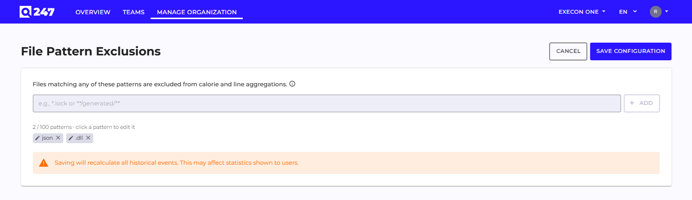Section in Manage Organization → Configuration with the list of defined file patterns