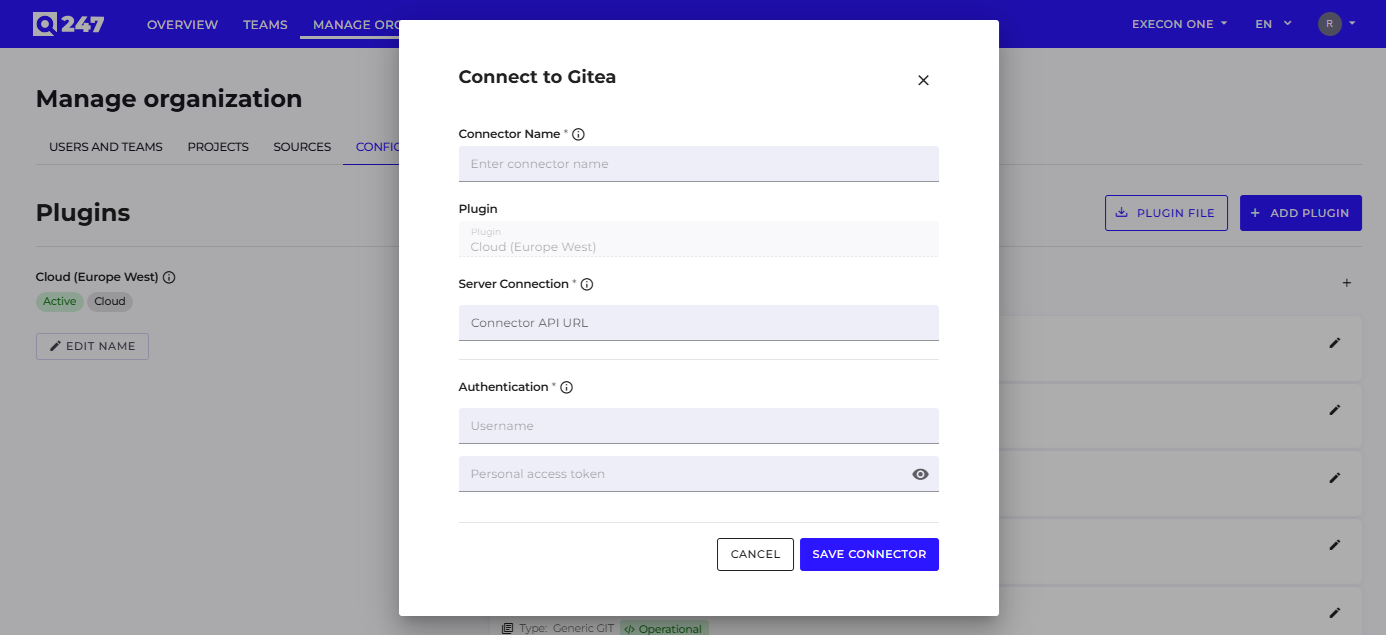 Gitea source addition modal in Manage Organization → Sources with the token field