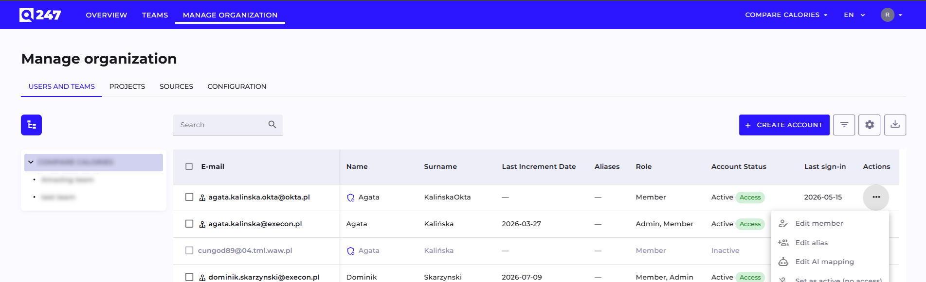 Users and teams list with the option to edit AI user mapping