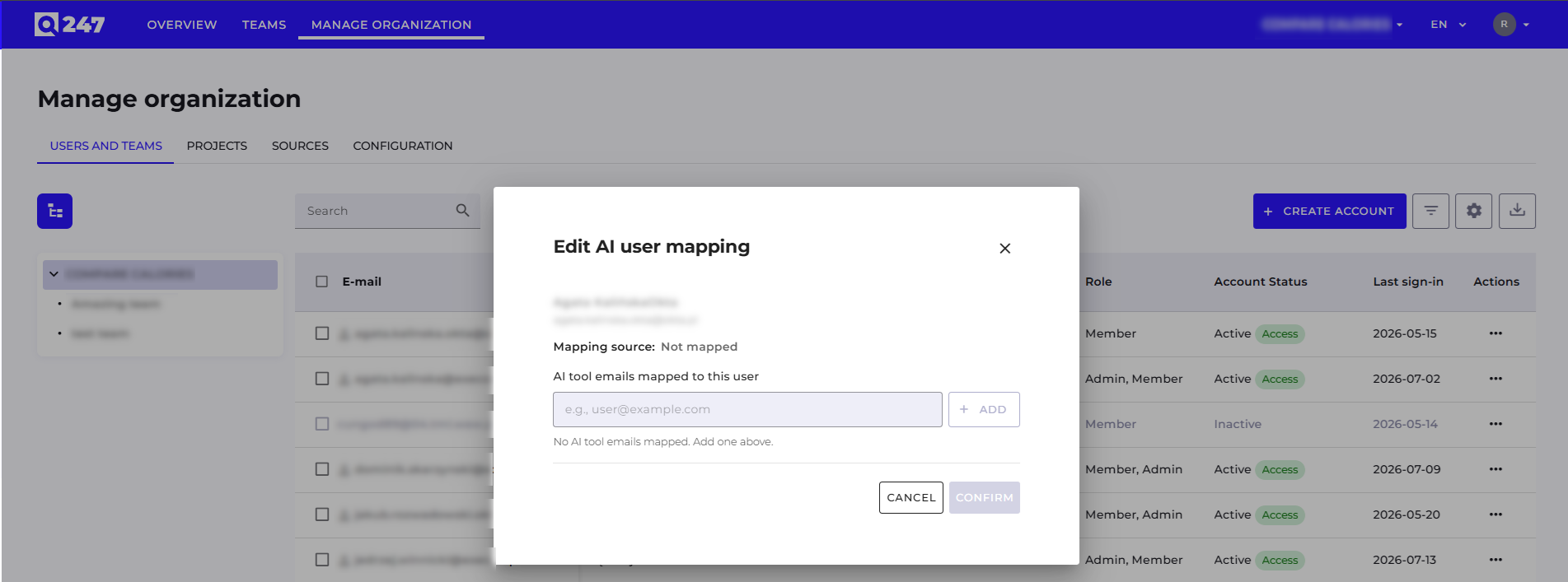 Edit AI user mapping dialog for linking an AI tool account to a Q247 user
