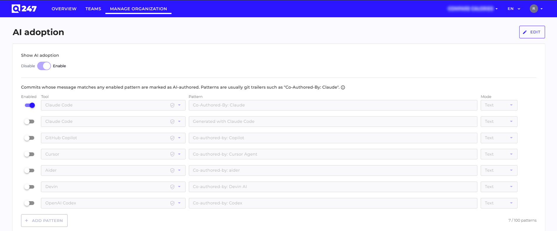 AI adoption pattern configuration listing detection patterns for supported AI tools