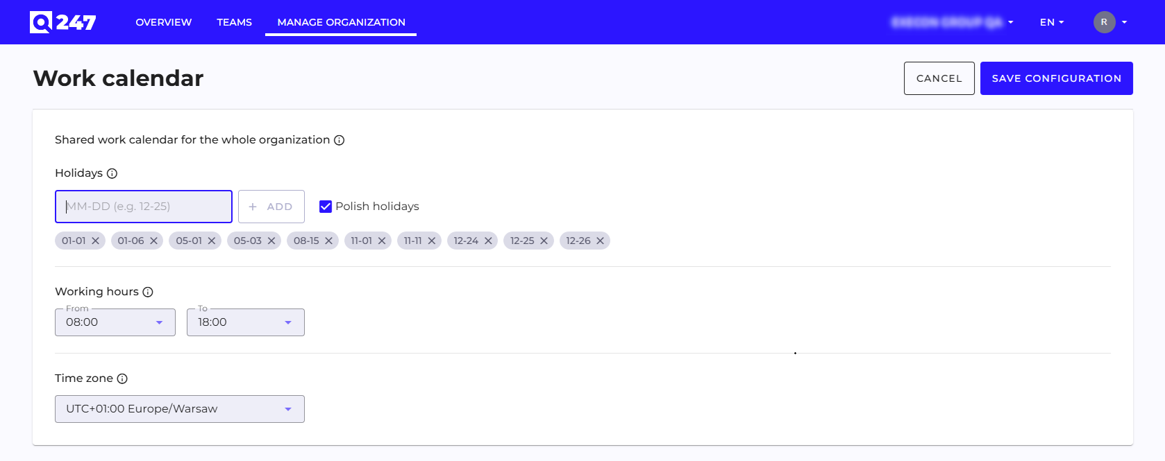 Organization-wide work calendar: holidays and working hours configuration