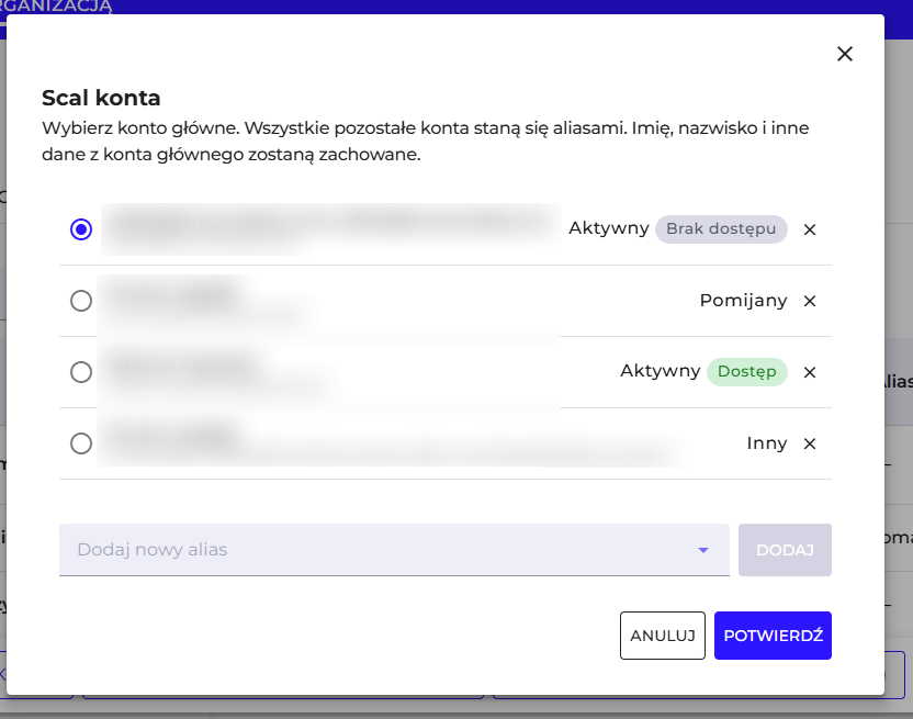 Merge accounts modal with the primary account selection