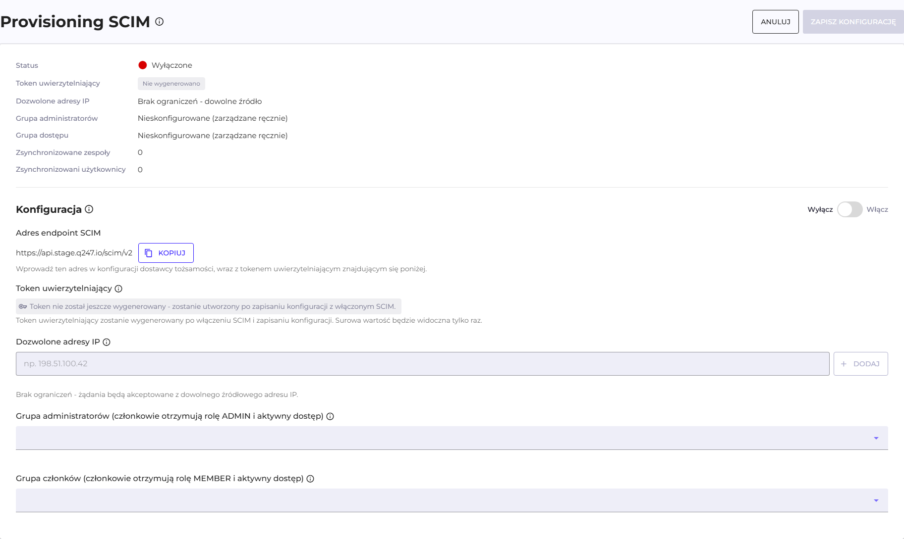 SCIM Provisioning section in edit mode: status panel and configuration form