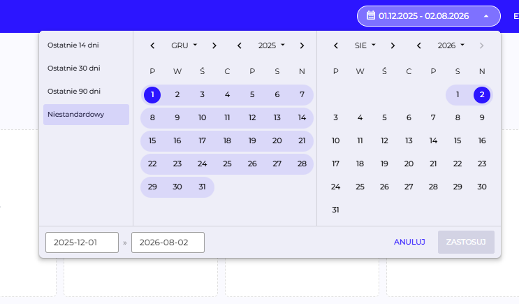 Expanded date range selector with preset ranges, a calendar, and an Apply button