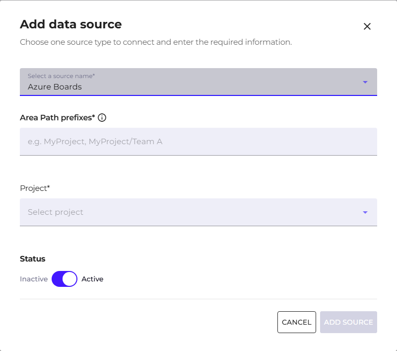 Okno Dodaj źródła danych z wybranym typem Azure Boards i polem prefiksów Area Path
