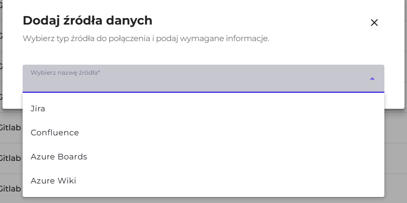 Lista wyboru nazwy źródła w oknie dodawania źródła danych z pozycjami Azure Boards i Azure Wiki
