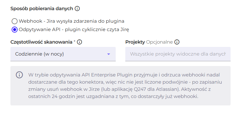 Sekcja sposobu pobierania danych konektora Jira z wybranym trybem odpytywania API i częstotliwością skanowania