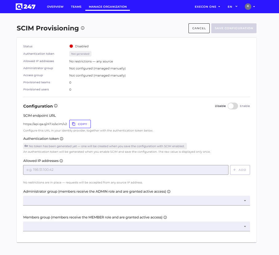 Ekran konfiguracji SCIM Provisioning w Manage Organization