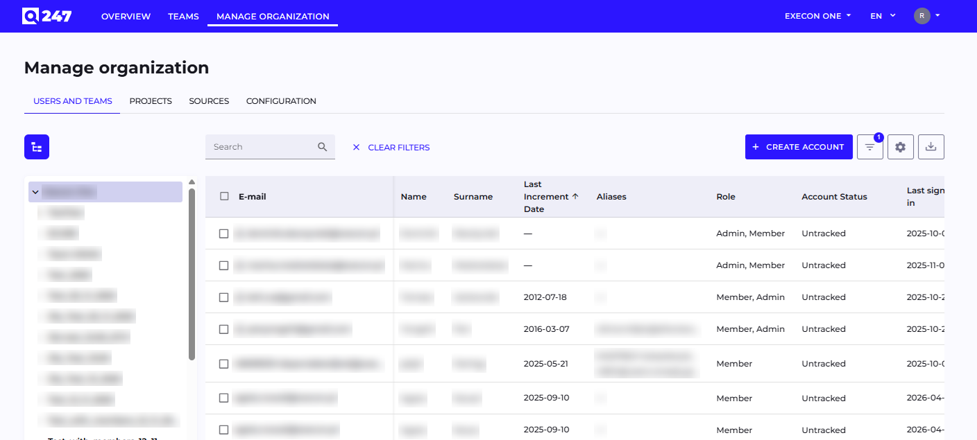 Tabela Users w Manage Organization ze statusem „Untracked”